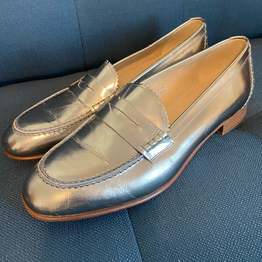 J. Crew Mirror Metallic Penny Loafer- Silver- Size 9